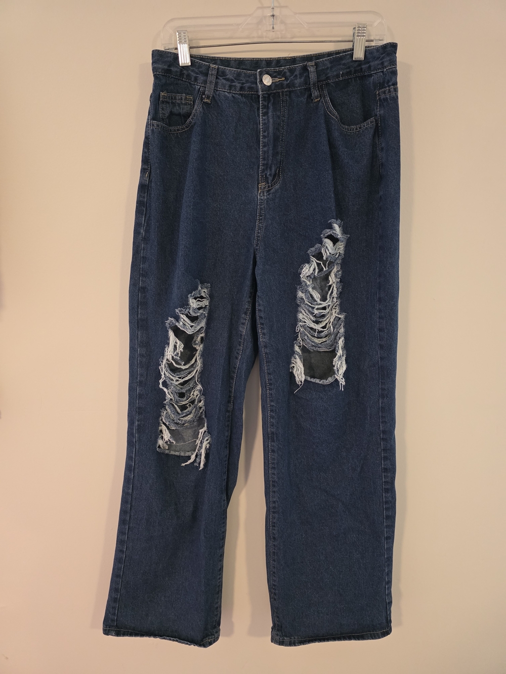 Dark Blue Distressed High Waist Baggy Wide Leg Jeans